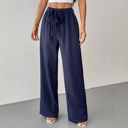 Wide-Leg Textured Trousers with High Waist and Tie Belt