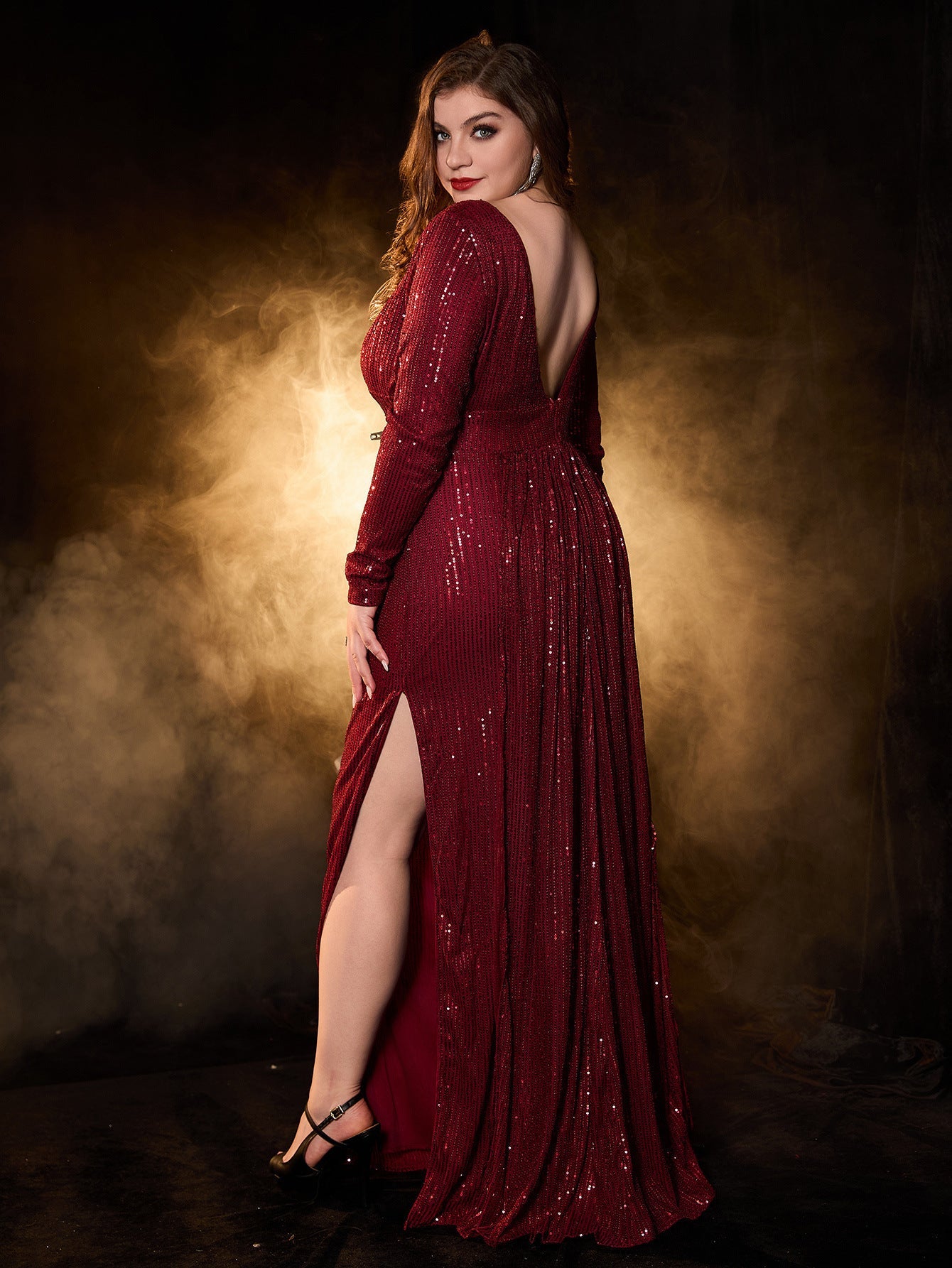 A-Line Sequined Maxi Dress with Long Sleeves and Side Slit
