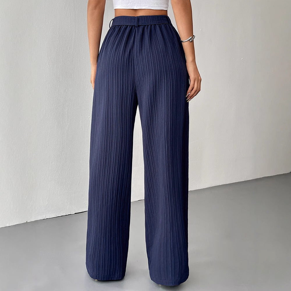 Wide-Leg Textured Trousers with High Waist and Tie Belt