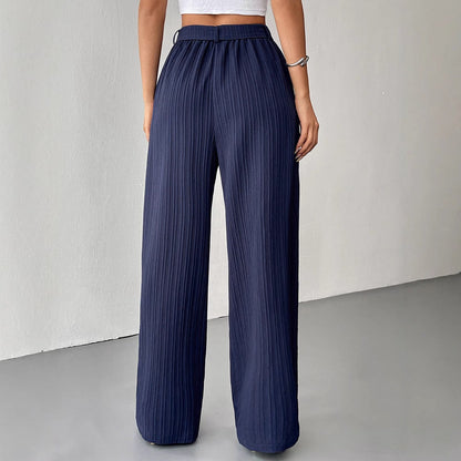 Wide-Leg Textured Trousers with High Waist and Tie Belt