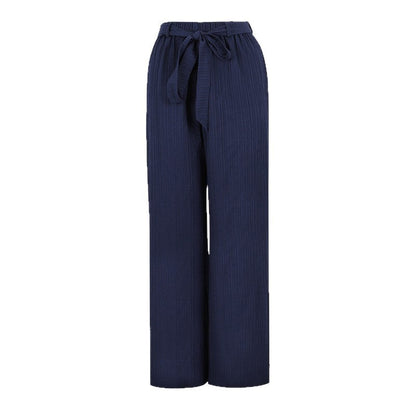Wide-Leg Textured Trousers with High Waist and Tie Belt