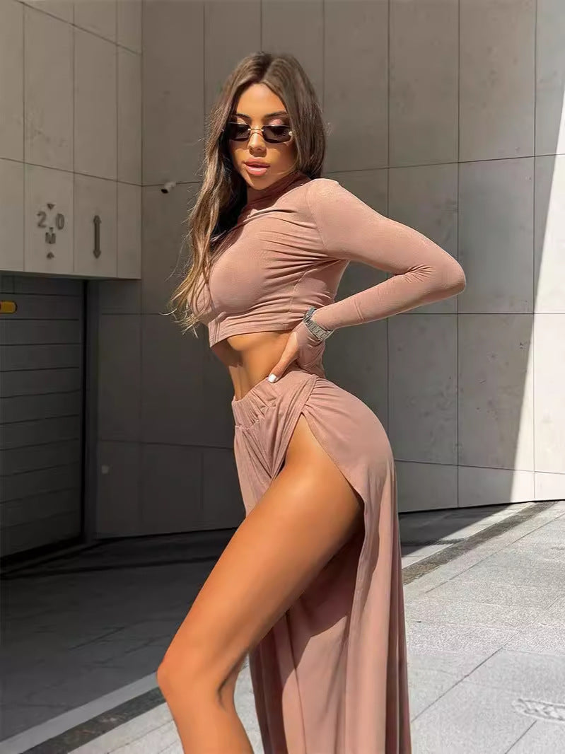 Mock Neck Long Sleeve Crop Top and High Slit Midi Skirt Set