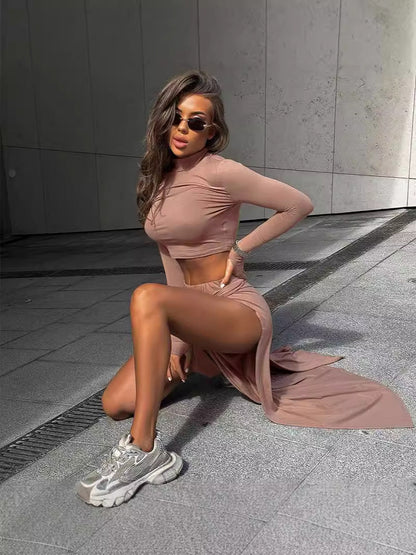 Mock Neck Long Sleeve Crop Top and High Slit Midi Skirt Set