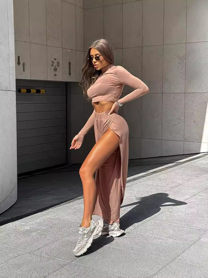 Mock Neck Long Sleeve Crop Top and High Slit Midi Skirt Set