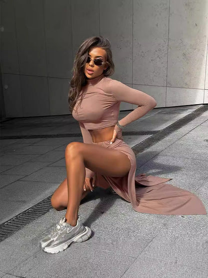 Mock Neck Long Sleeve Crop Top and High Slit Midi Skirt Set