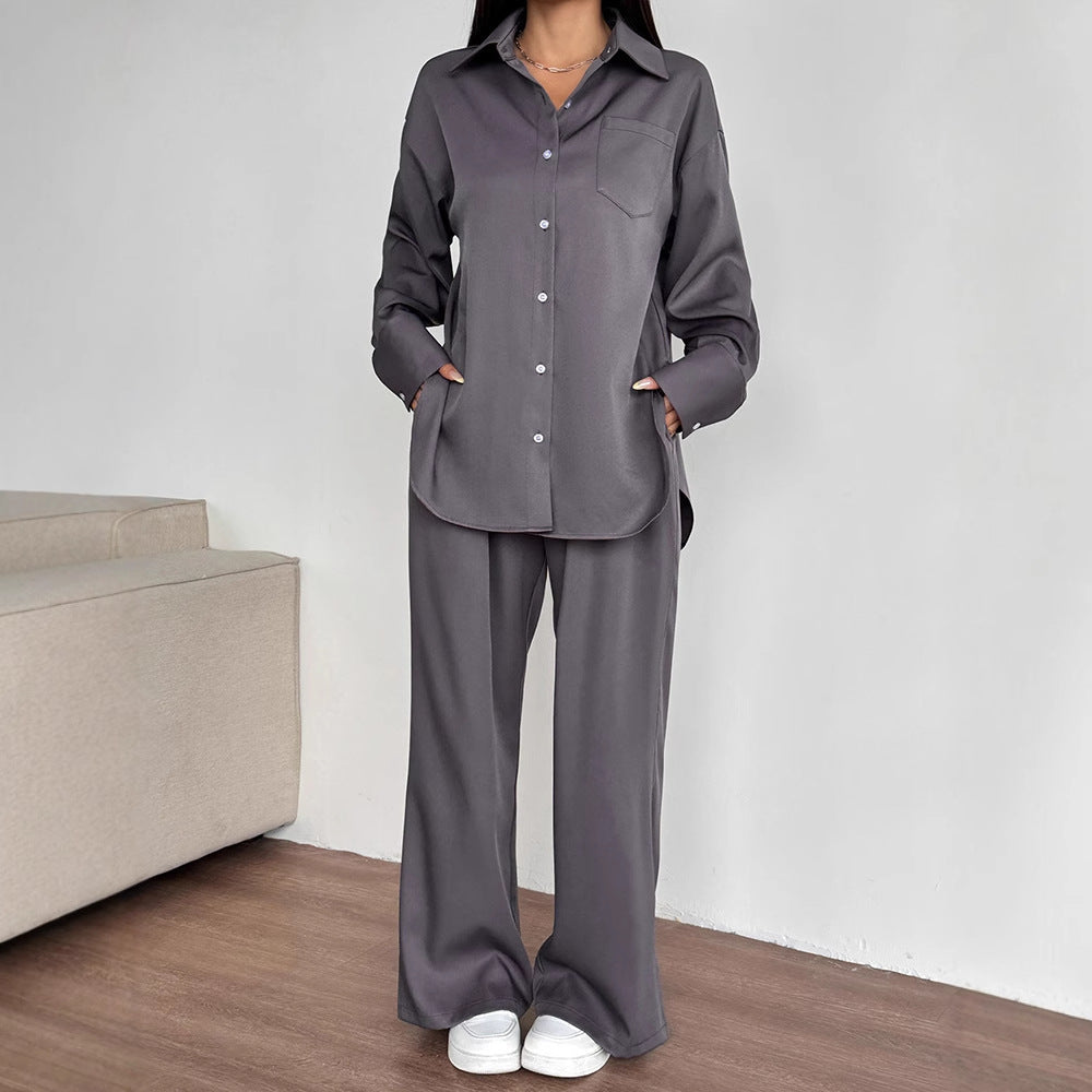 Solid Two-Piece Set with Button-Down Shirt and Wide-Leg Trousers