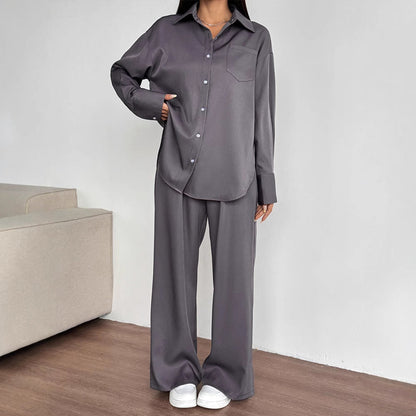 Solid Two-Piece Set with Button-Down Shirt and Wide-Leg Trousers