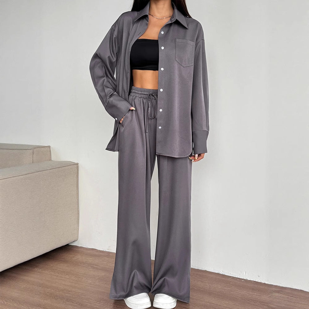 Solid Two-Piece Set with Button-Down Shirt and Wide-Leg Trousers
