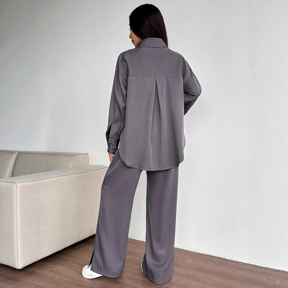 Solid Two-Piece Set with Button-Down Shirt and Wide-Leg Trousers