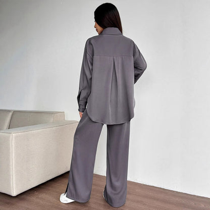 Solid Two-Piece Set with Button-Down Shirt and Wide-Leg Trousers