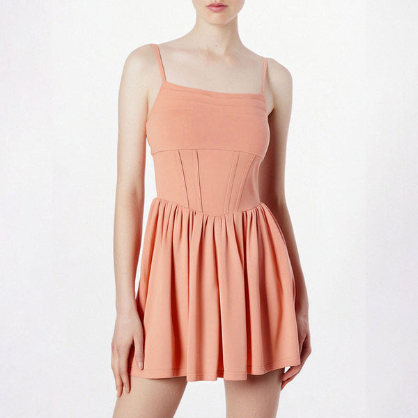 Corset-Style Fit and Flare Mini Dress with Pleated Skirt