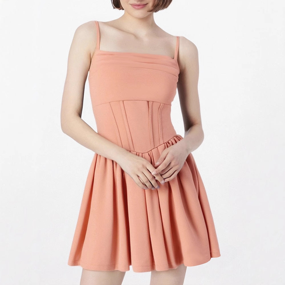 Corset-Style Fit and Flare Mini Dress with Pleated Skirt