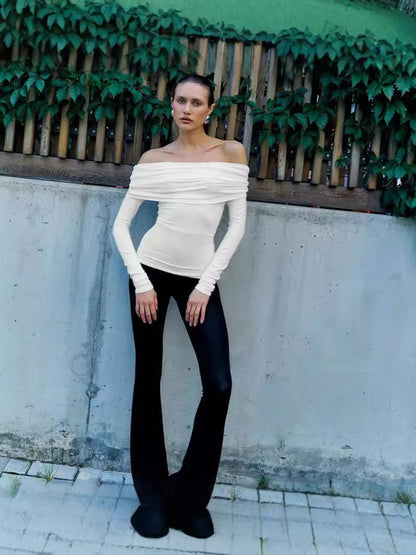 Slim Fit Ruched Off-Shoulder Top with Long Sleeves