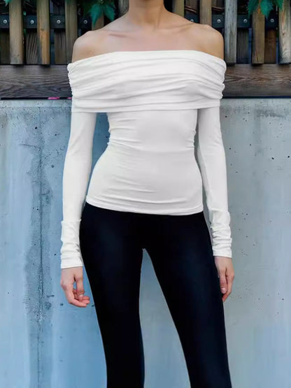 Slim Fit Ruched Off-Shoulder Top with Long Sleeves