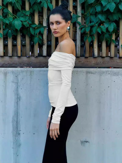 Slim Fit Ruched Off-Shoulder Top with Long Sleeves