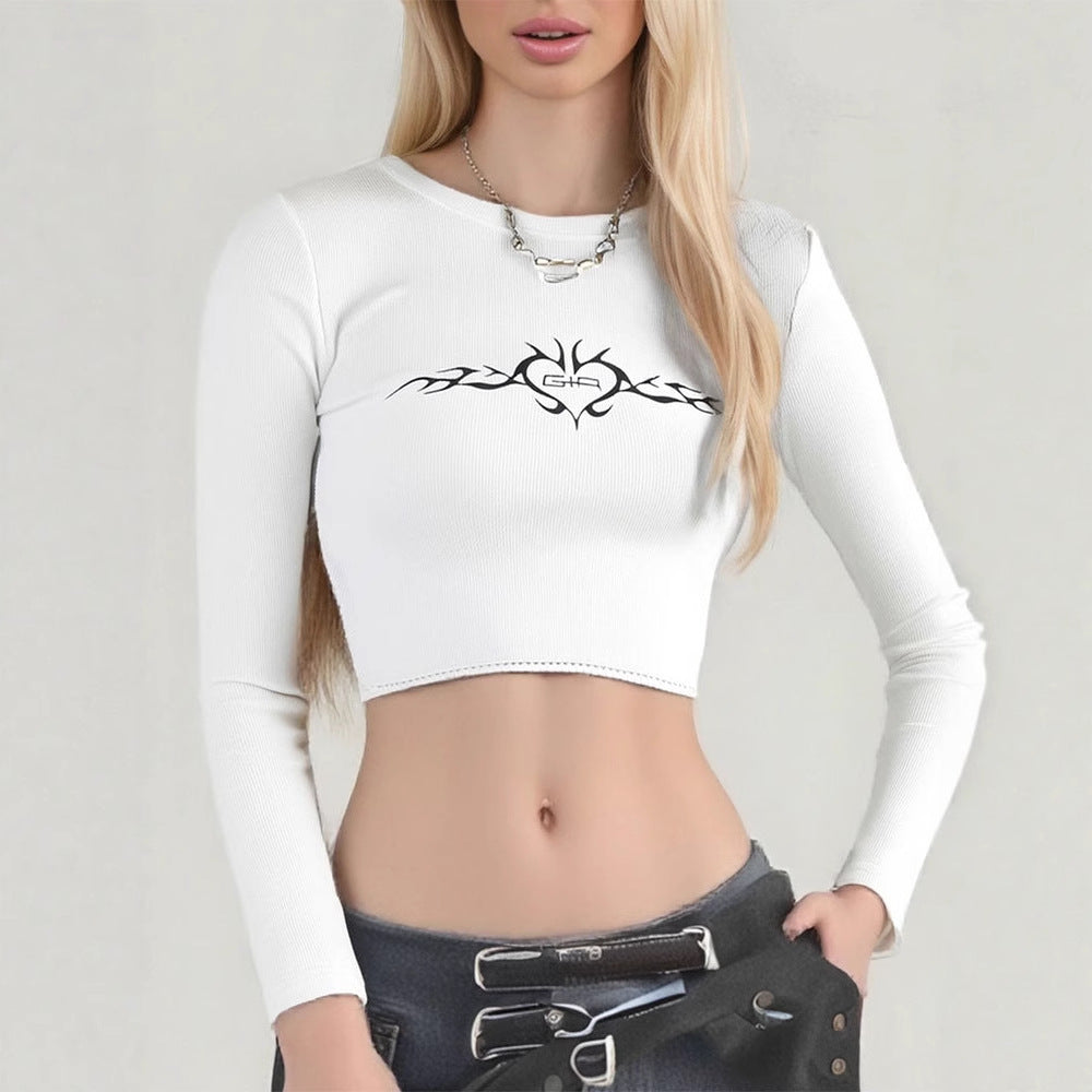 Cropped Long Sleeve T-Shirt with Rhombus Graphic Print