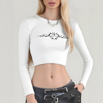 Cropped Long Sleeve T-Shirt with Rhombus Graphic Print