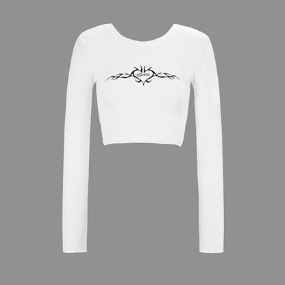 Cropped Long Sleeve T-Shirt with Rhombus Graphic Print
