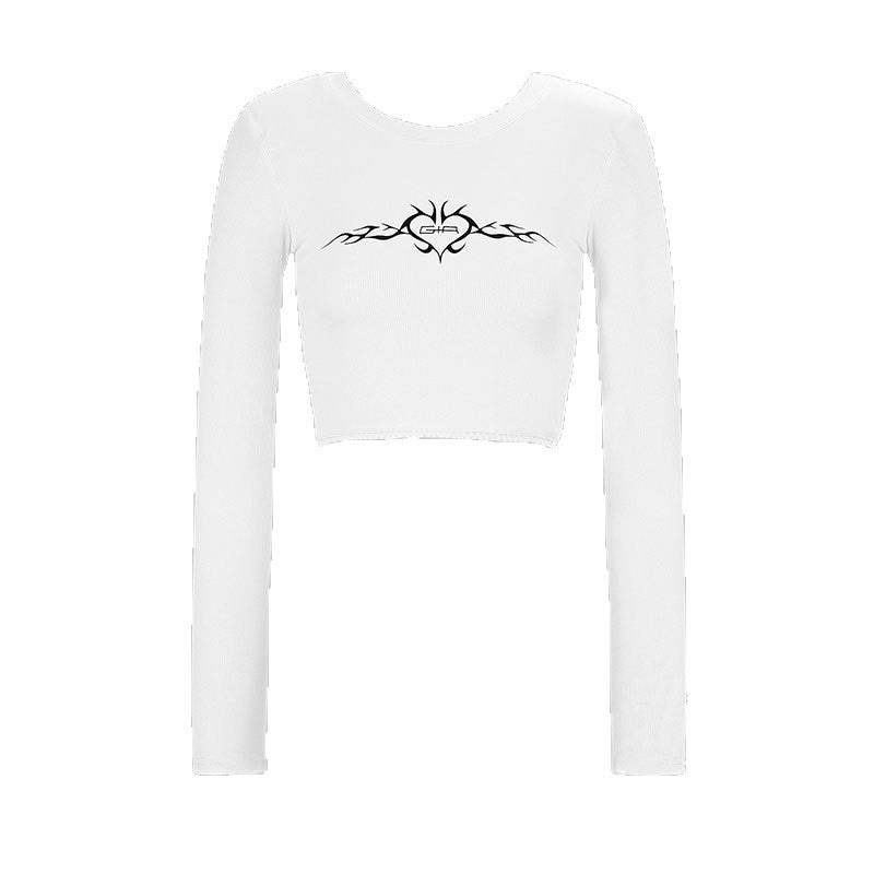 Cropped Long Sleeve T-Shirt with Rhombus Graphic Print
