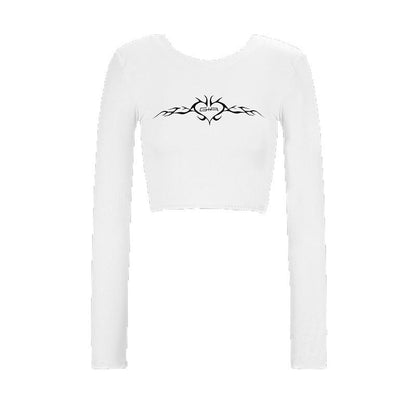 Cropped Long Sleeve T-Shirt with Rhombus Graphic Print