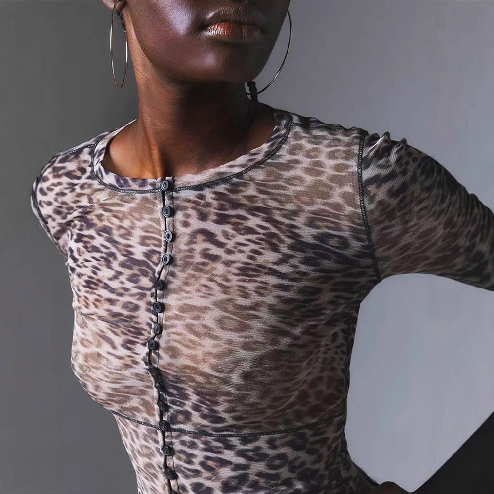 Slim Fit Leopard Print Cropped Cardigan with Button Front