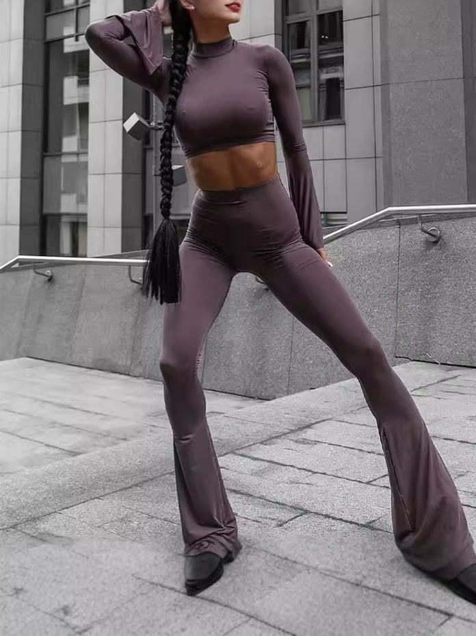 Solid Bodycon Two-Piece Set with Bell Sleeves and Flared Pants