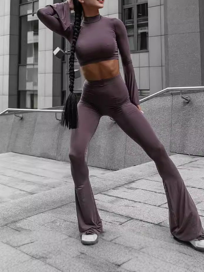 Solid Bodycon Two-Piece Set with Bell Sleeves and Flared Pants