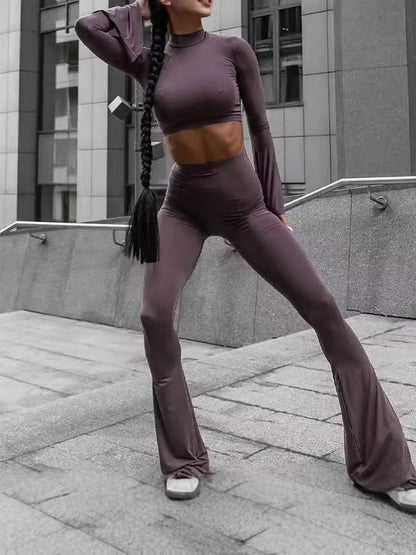 Solid Bodycon Two-Piece Set with Bell Sleeves and Flared Pants