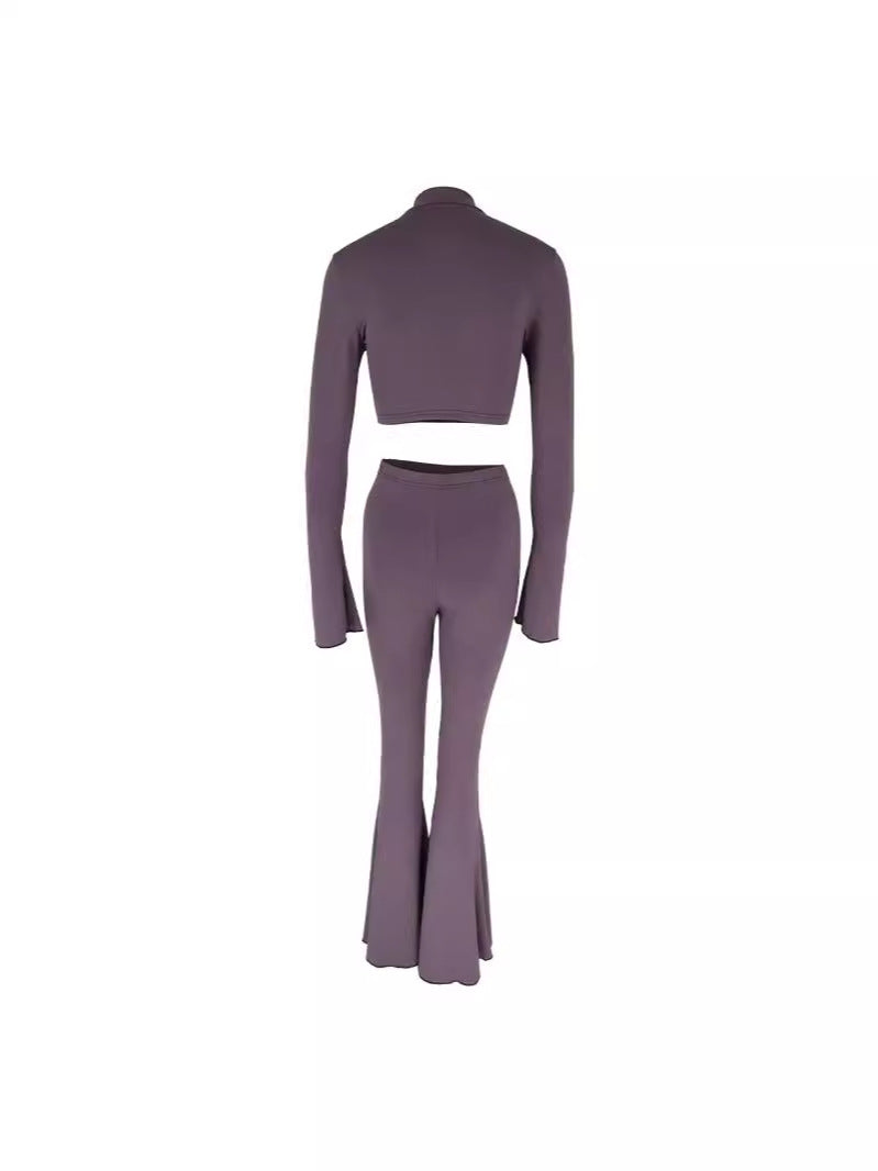 Solid Bodycon Two-Piece Set with Bell Sleeves and Flared Pants