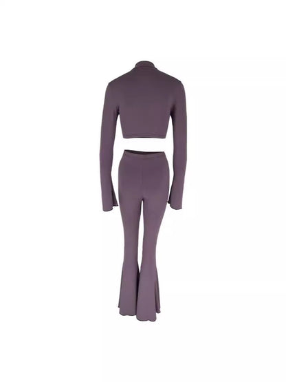 Solid Bodycon Two-Piece Set with Bell Sleeves and Flared Pants