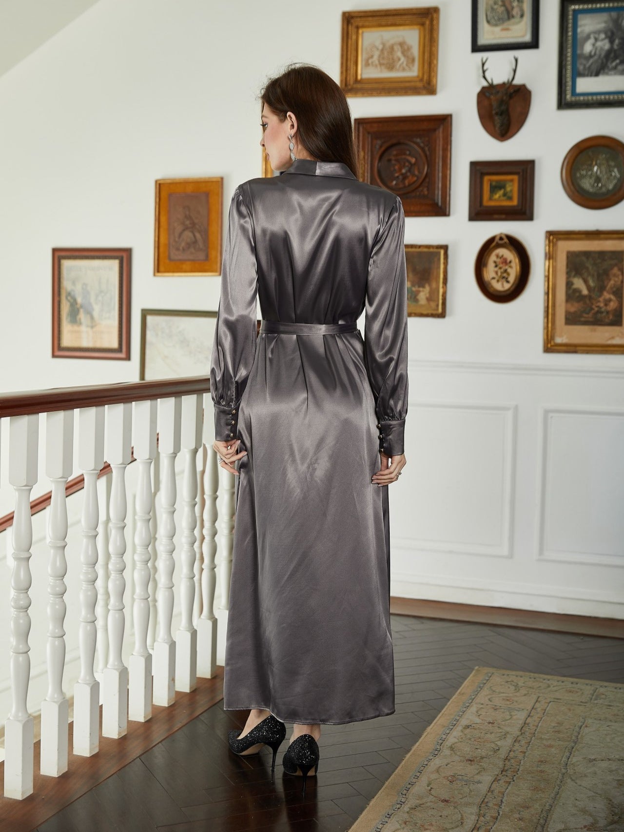 Satin Wrap Dress with High-Low Hem and Tie Waist