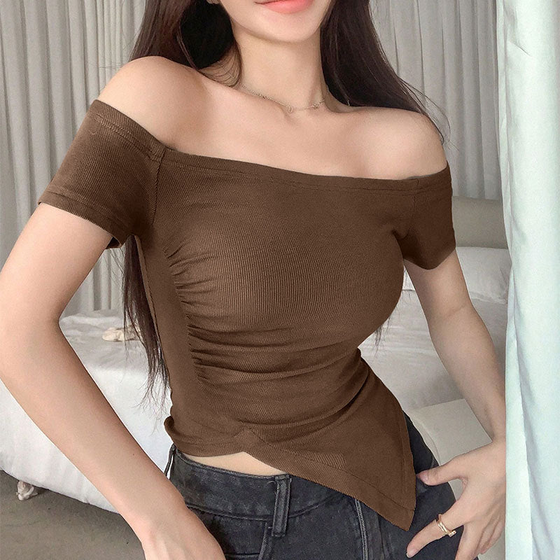 Slim Fit Off-the-Shoulder Crop Top with Ruched Asymmetrical Hem