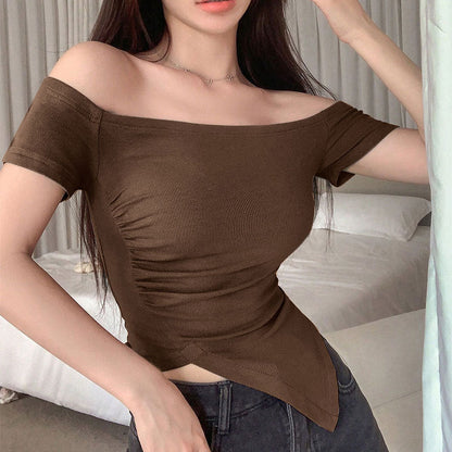 Slim Fit Off-the-Shoulder Crop Top with Ruched Asymmetrical Hem