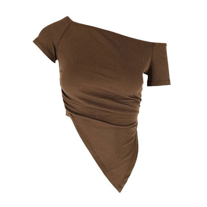 Slim Fit Off-the-Shoulder Crop Top with Ruched Asymmetrical Hem