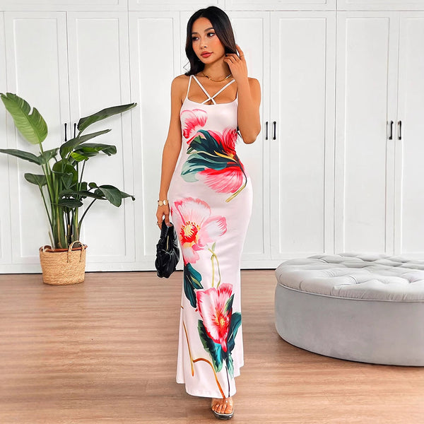 Floral Print Bodycon Maxi Dress with Criss-Cross Straps