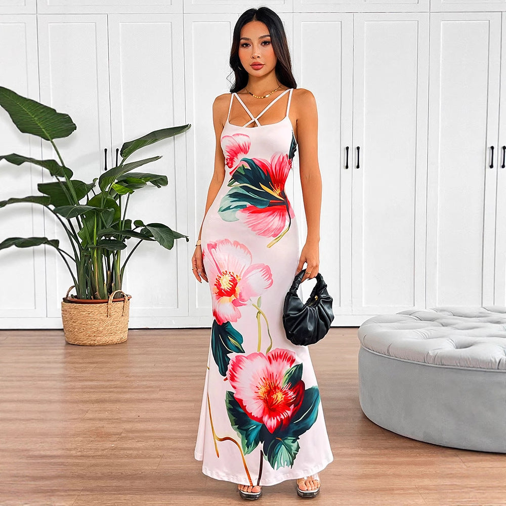 Floral Print Bodycon Maxi Dress with Criss-Cross Straps