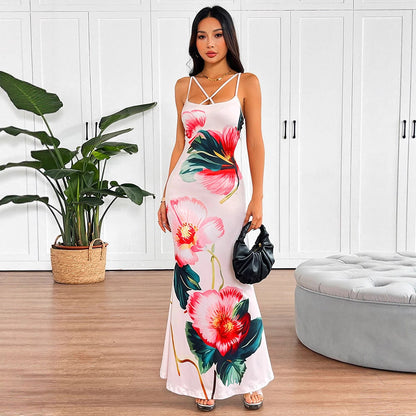Floral Print Bodycon Maxi Dress with Criss-Cross Straps