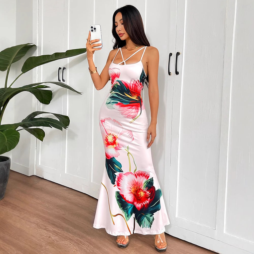 Floral Print Bodycon Maxi Dress with Criss-Cross Straps