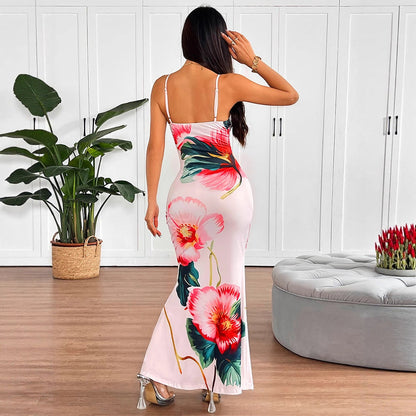 Floral Print Bodycon Maxi Dress with Criss-Cross Straps