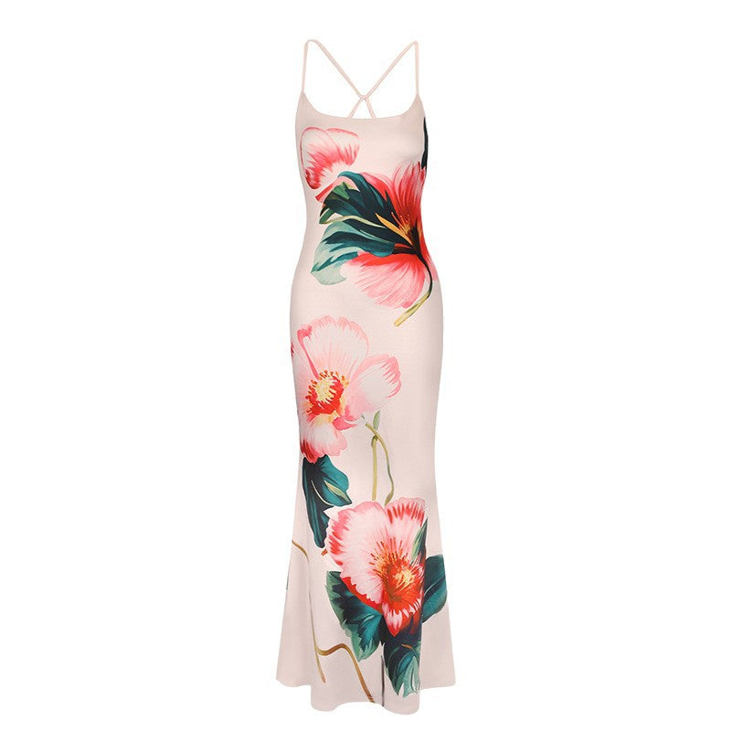 Floral Print Bodycon Maxi Dress with Criss-Cross Straps
