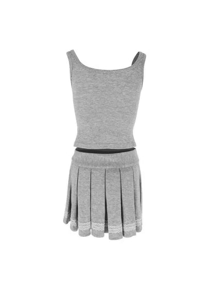 Slim Fit Pleated Mini Skirt Set with Ribbed Tank Top