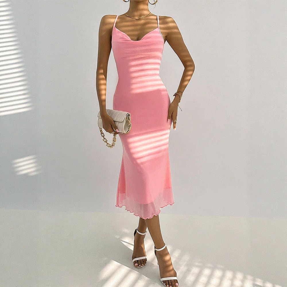 Bodycon Midi Dress with Cowl Neck and Mesh Hem