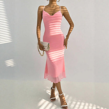 Bodycon Midi Dress with Cowl Neck and Mesh Hem
