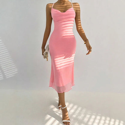 Bodycon Midi Dress with Cowl Neck and Mesh Hem
