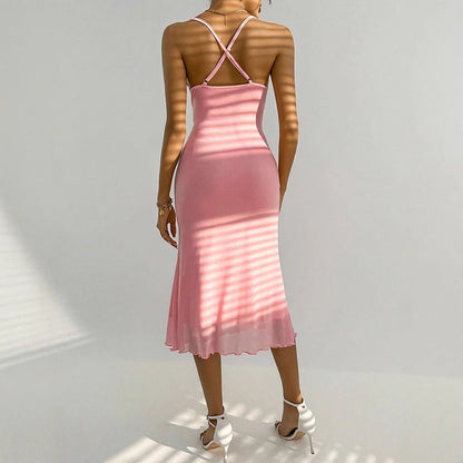 Bodycon Midi Dress with Cowl Neck and Mesh Hem
