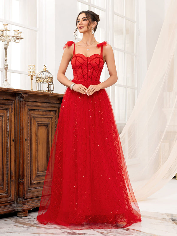 A-Line Tulle Maxi Dress with Sequined Lattice and Bow Straps