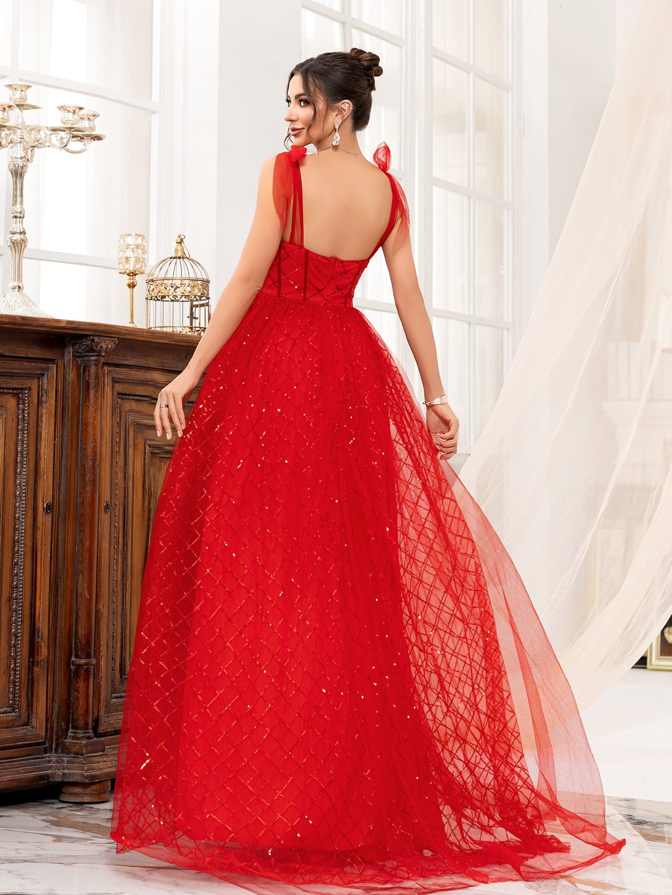 A-Line Tulle Maxi Dress with Sequined Lattice and Bow Straps