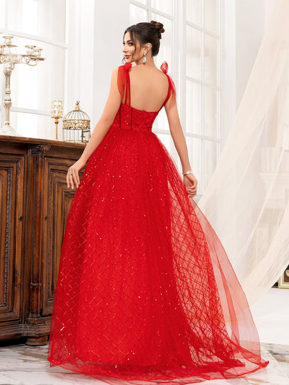 A-Line Tulle Maxi Dress with Sequined Lattice and Bow Straps