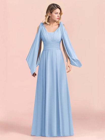 A-Line Maxi Dress with Pleated Bodice and Draped Sleeves