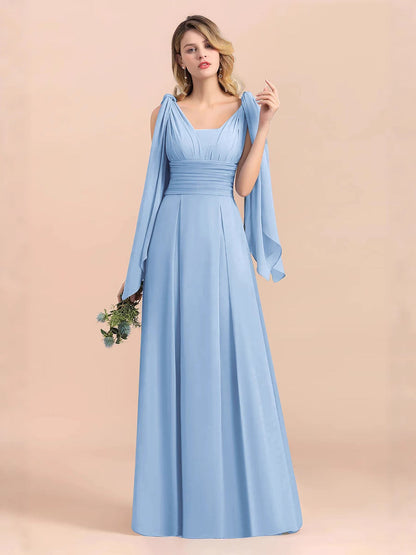 A-Line Maxi Dress with Pleated Bodice and Draped Sleeves